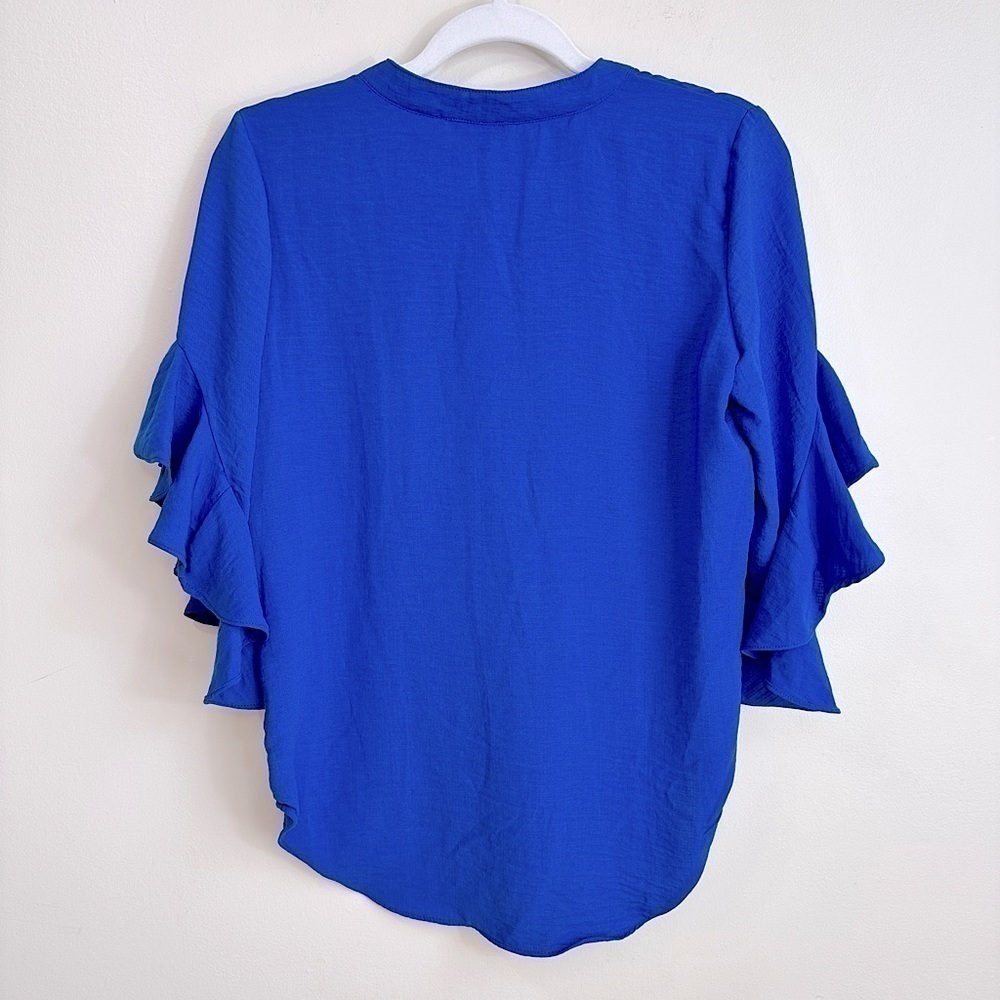 NWT Vince Camuto Split Neck Ruffle Sleeve Blouse Deep Azure Size XS - Picture 8 of 15